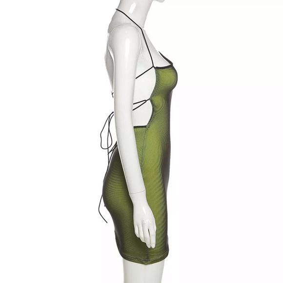 NEW Green Mesh One Strap Fitted Mini Angled Dress - Picture 6 of 16